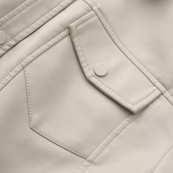 Women Beige Cropped Moto Biker Short Comfortable Pu Faux Leather Fashion Jacket - Picture 7 of 8